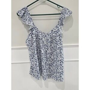 Lucky Brand Womens Floral Print Flutter Sleeve Square‎ Neck Top Blue White S